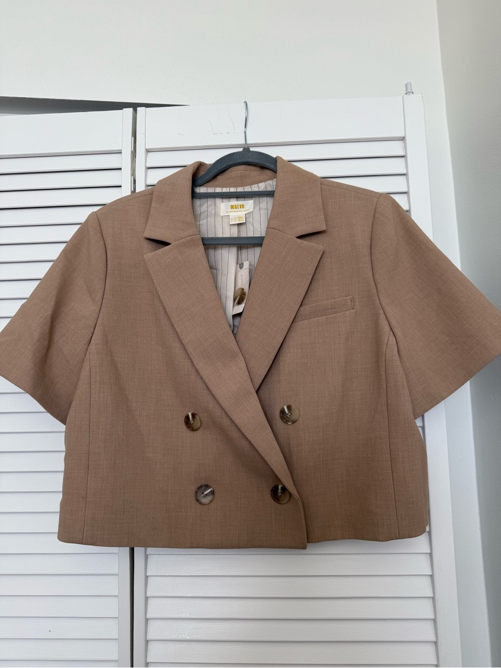 Anthropologie Cropped Short-Sleeve Double-Breasted Blazer in Camel